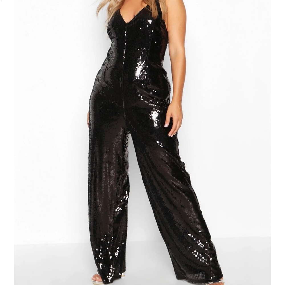 NWT Boohoo Black Sequin Strappy Wide Leg Jumpsuit Size 18
